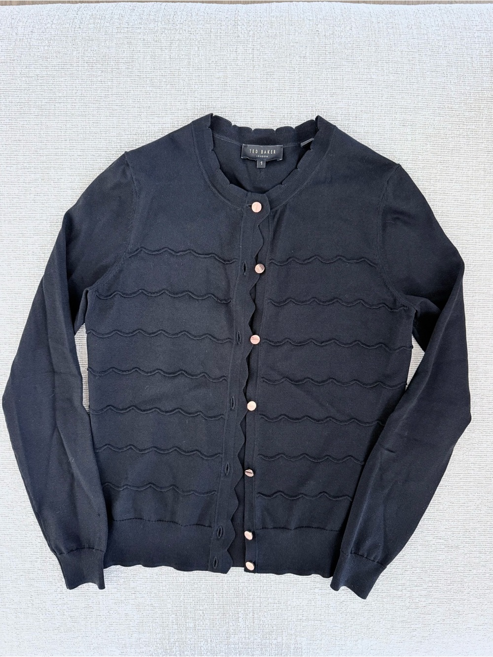 Ted Baker Black Scalloped-Trim Button Cardigan with Rose Gold Buttons